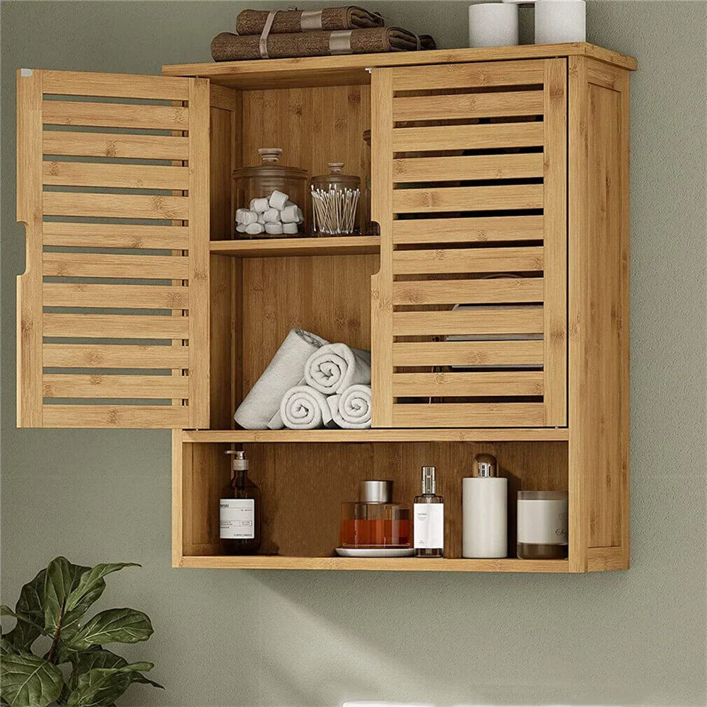 Natural Wood Bamboo Bathroom Wall Cabinet - Eco-Friendly Storage