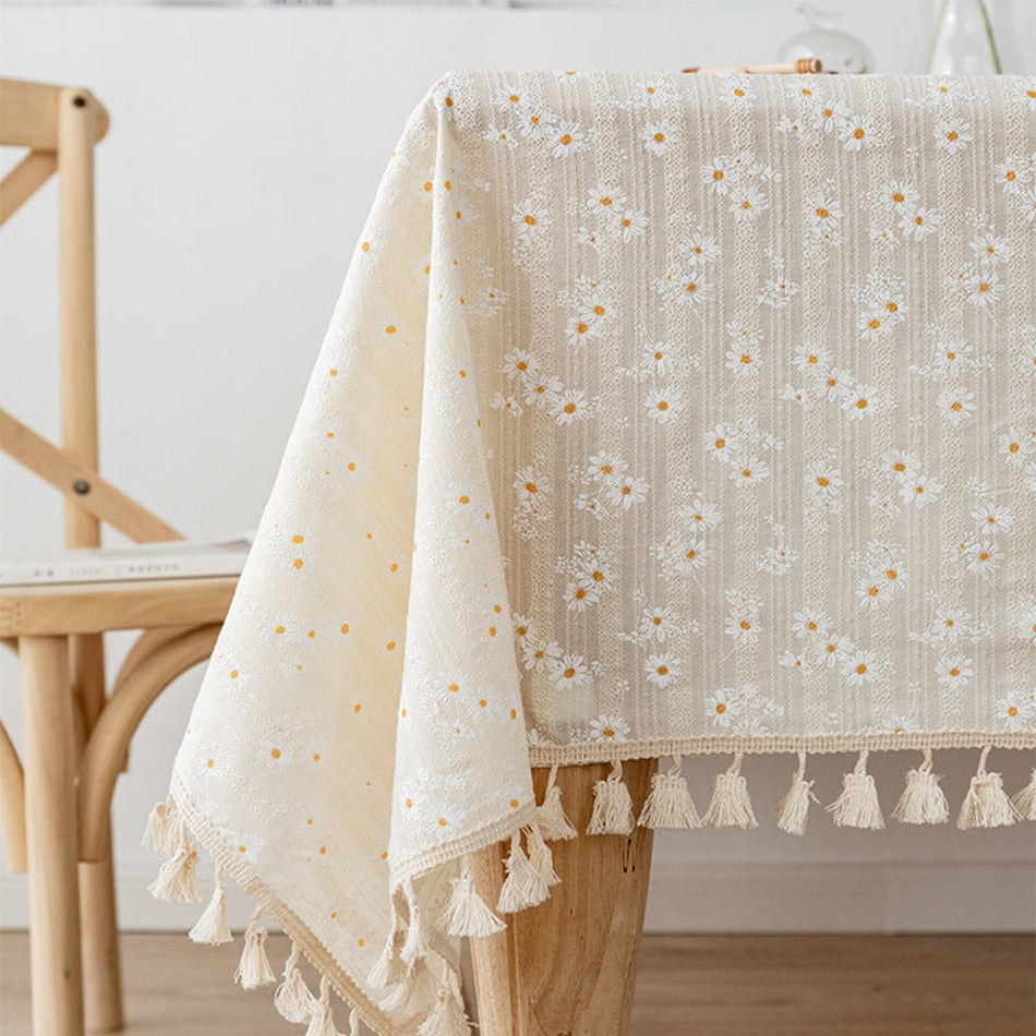 Oval Tablecloth | Floral White &amp; Golden Daisy with Tassels