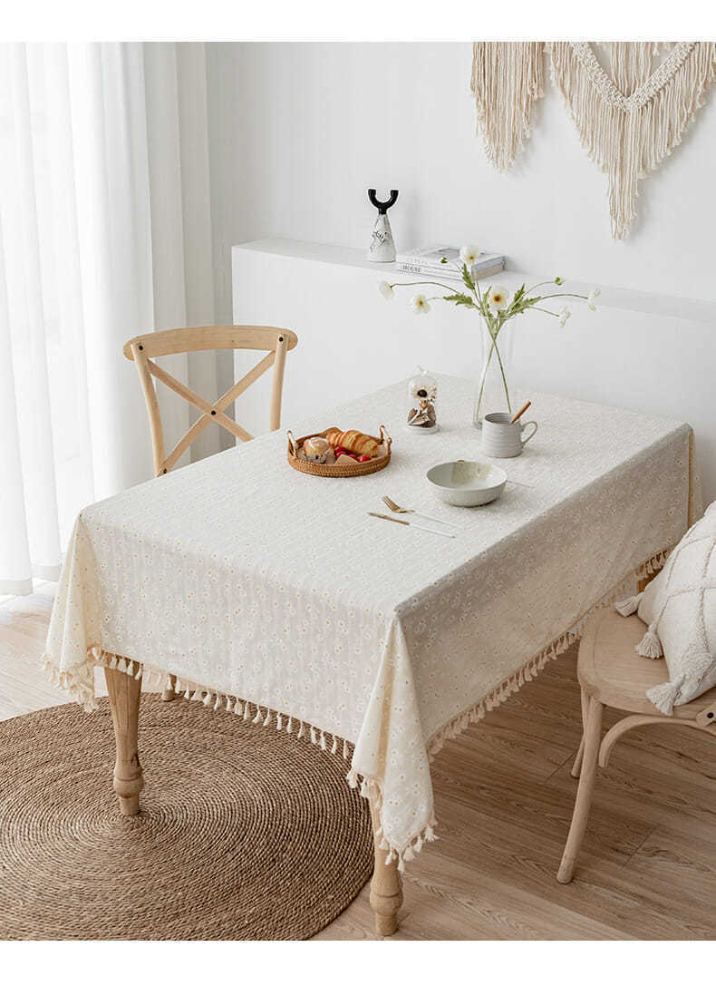 Oval Tablecloth | Floral White &amp; Golden Daisy with Tassels