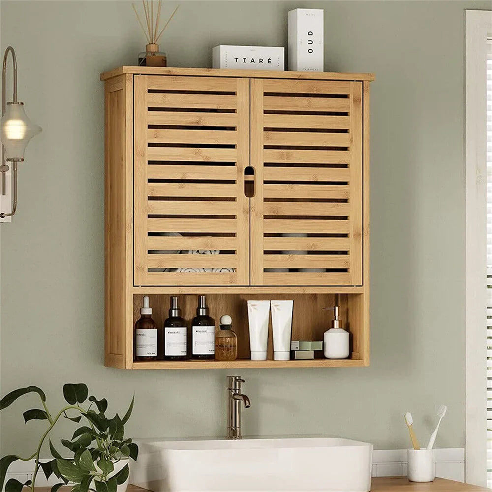 Natural Wood Bamboo Bathroom Wall Cabinet - Eco-Friendly Storage