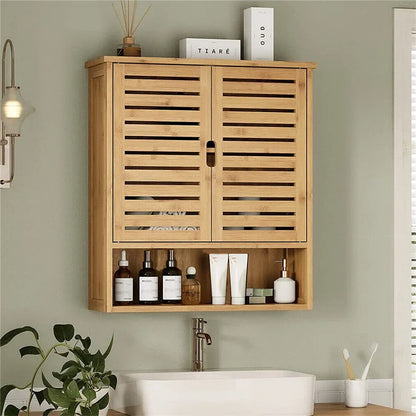 Natural Wood Bamboo Bathroom Wall Cabinet - Eco-Friendly Storage